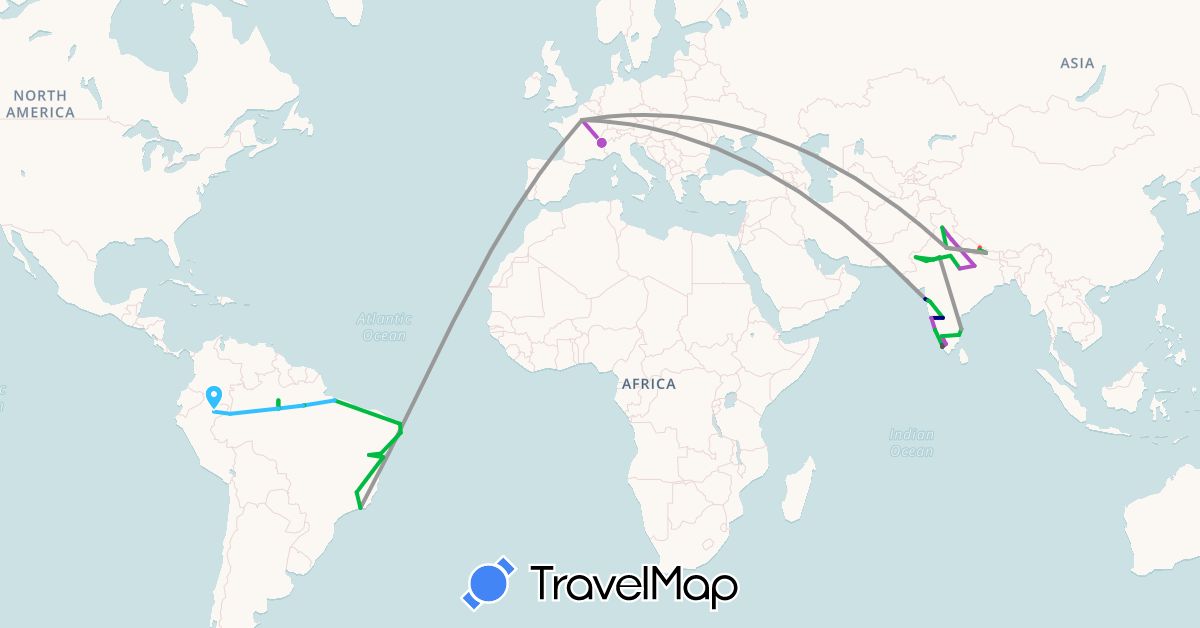 TravelMap itinerary: driving, bus, plane, train, hiking, boat, motorbike in Brazil, Colombia, France, India, Nepal, Peru (Asia, Europe, South America)